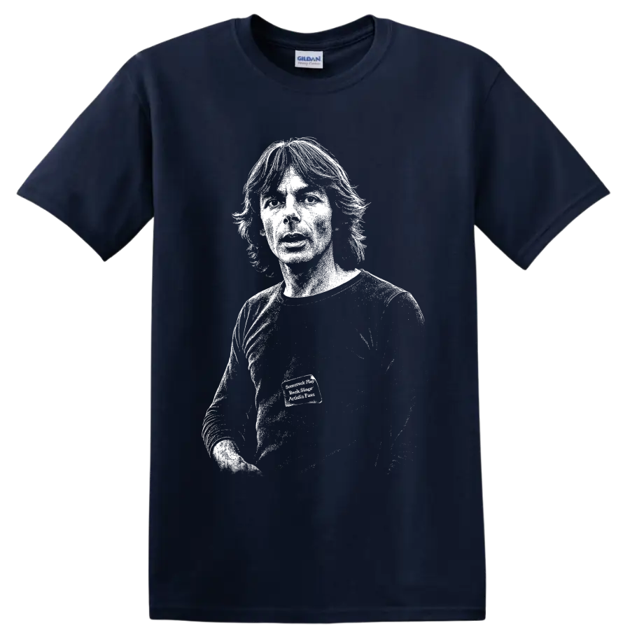 High-contrast Richard Wright portrait playing keyboard in a monochrome music tribute on a Navy (Blue) T Shirt
