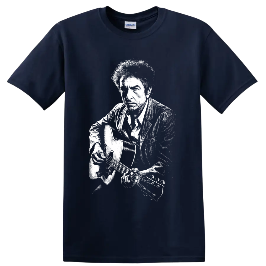 Bob Dylan guitar portrait in bold high-contrast monochrome graphic style on a Navy (Blue) T Shirt