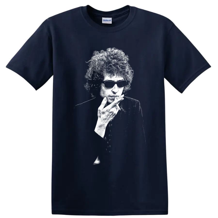 High-contrast Bob Dylan portrait in a bold black-and-white graphic style on a Navy (Blue) T Shirt