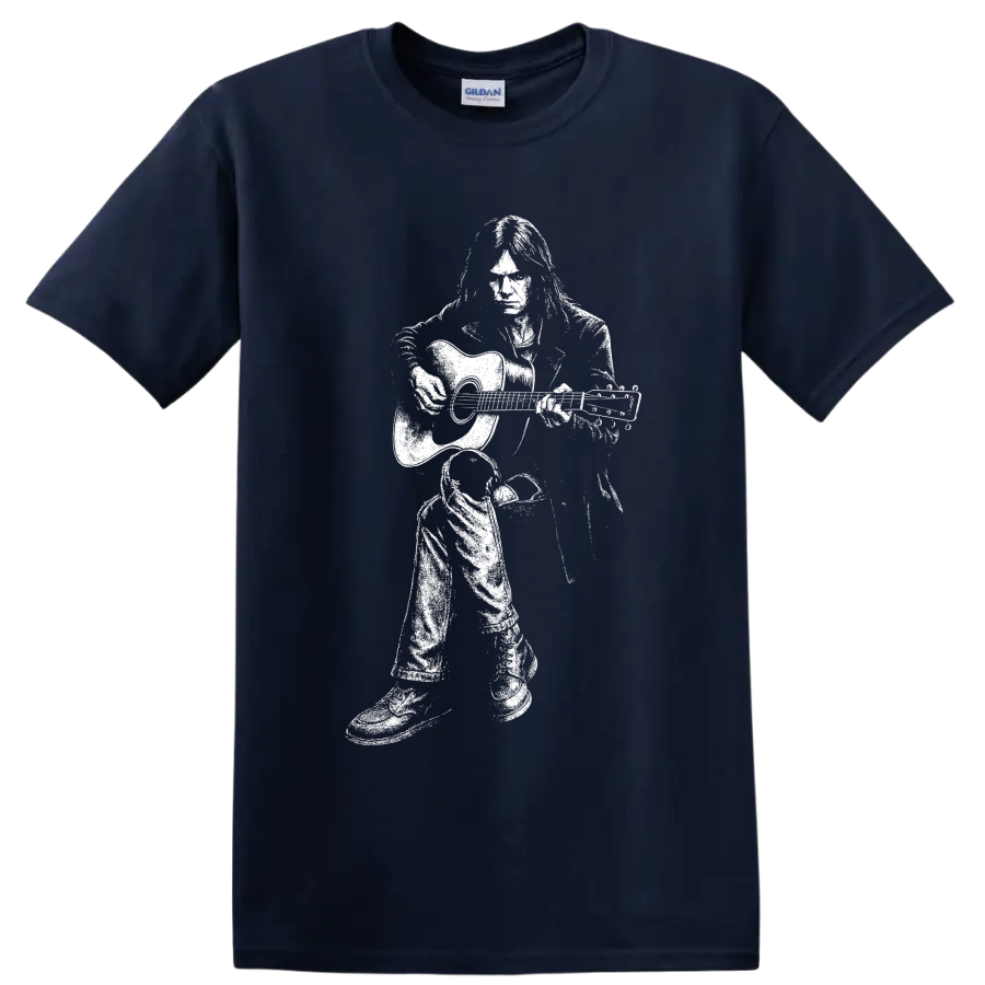 High-contrast white Neil Young guitarist silhouette in a bold classic rock style on a Navy (Blue) T Shirt