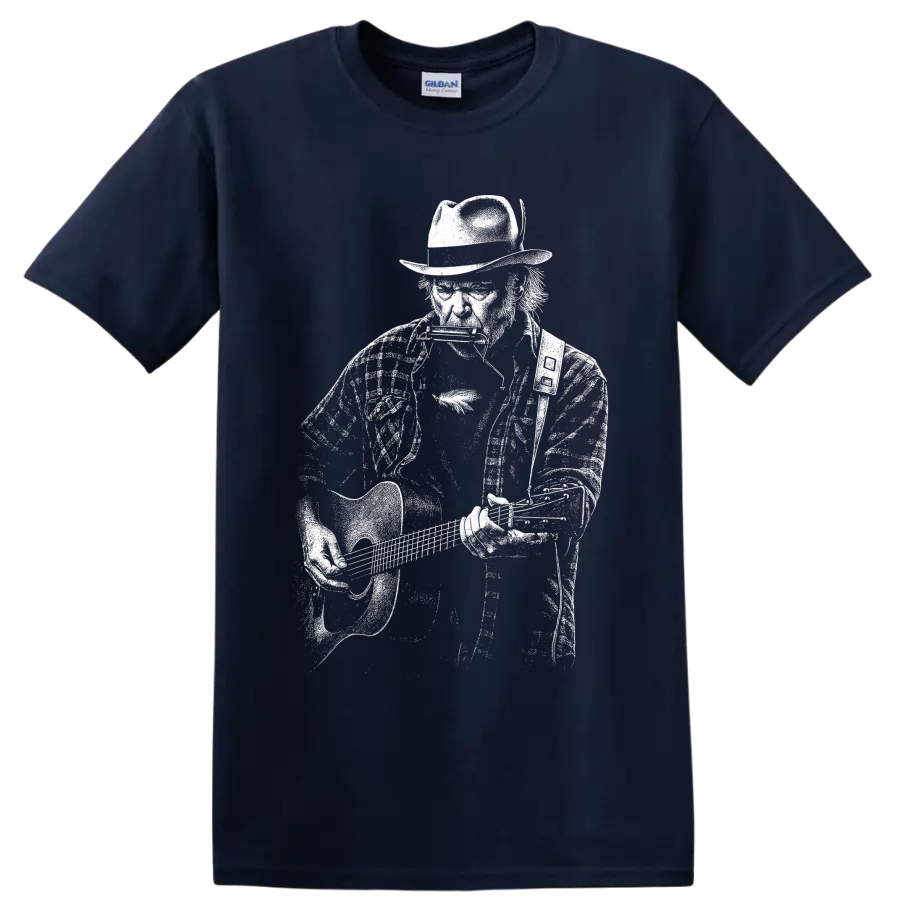 Neil Young guitarist portrait in bold black-and-white ink illustration style on a Navy (Blue) T Shirt