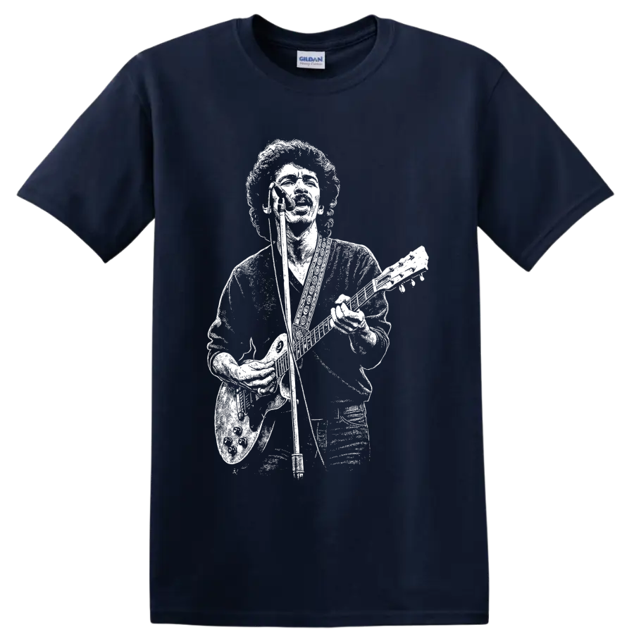 Carlos Santana seated guitarist portrait in high-contrast monochrome illustration on a Navy (Blue) T Shirt