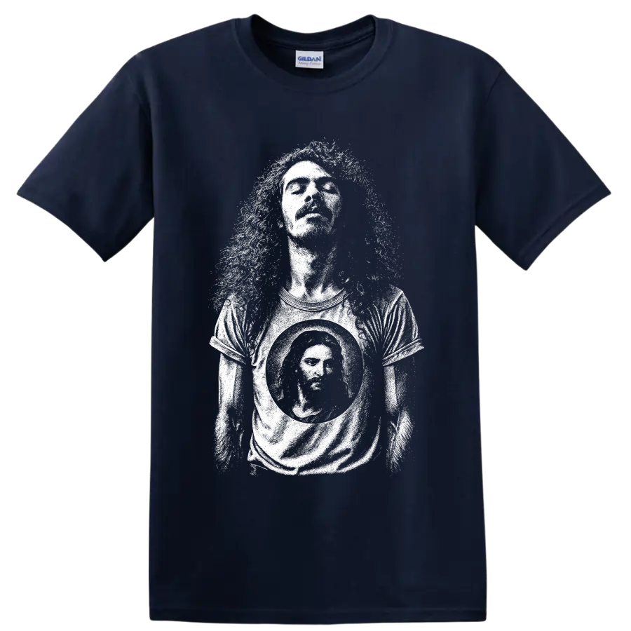 Carlos Santana guitarist silhouette graphic in a bold minimalist concert style on a Navy (Blue) T Shirt
