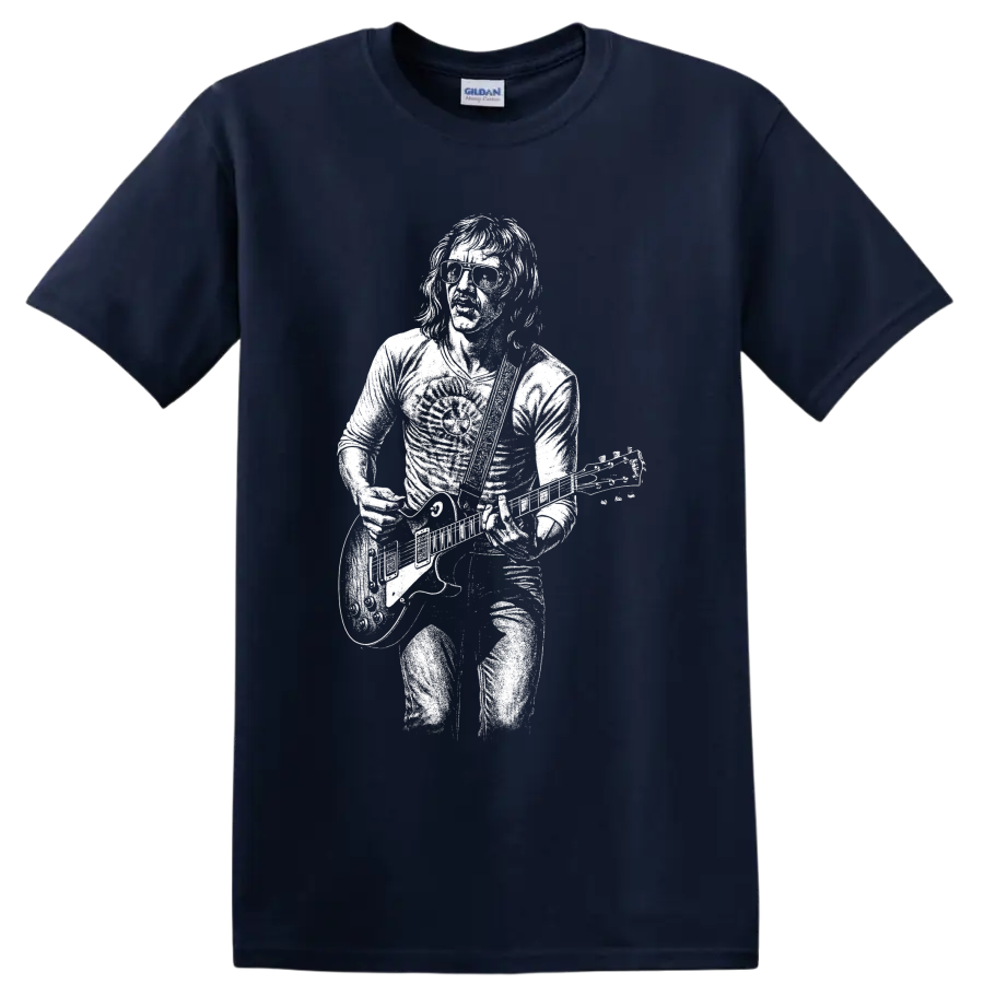 Mick Taylor guitar portrait in bold monochrome rock poster style on a Navy (Blue) T Shirt