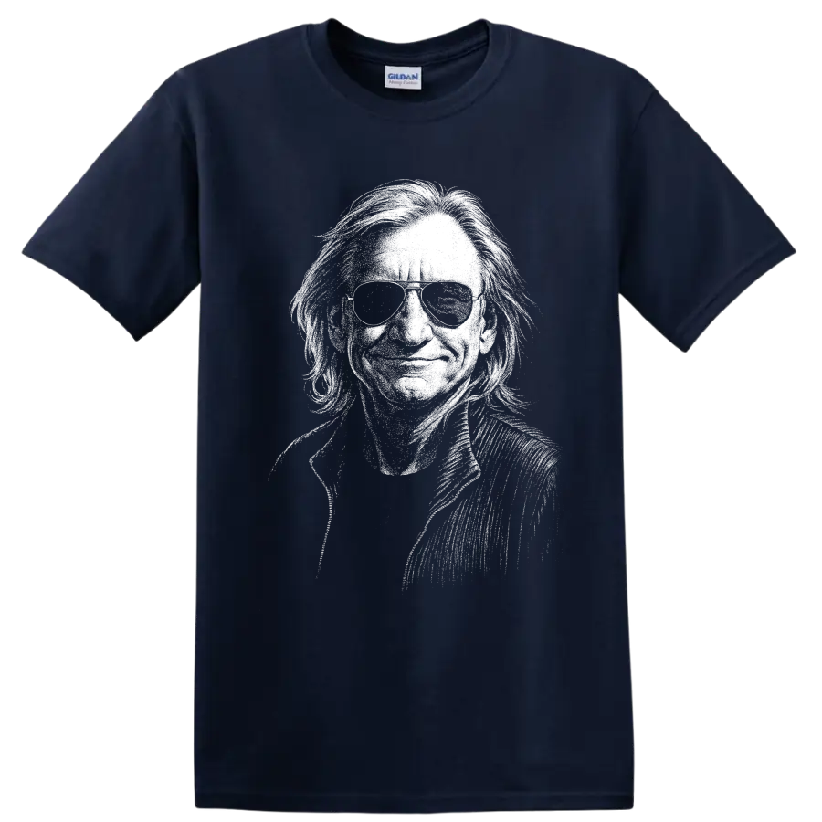 High-contrast monochrome Joe Walsh guitarist portrait holding a guitar on a Navy (Blue) T Shirt
