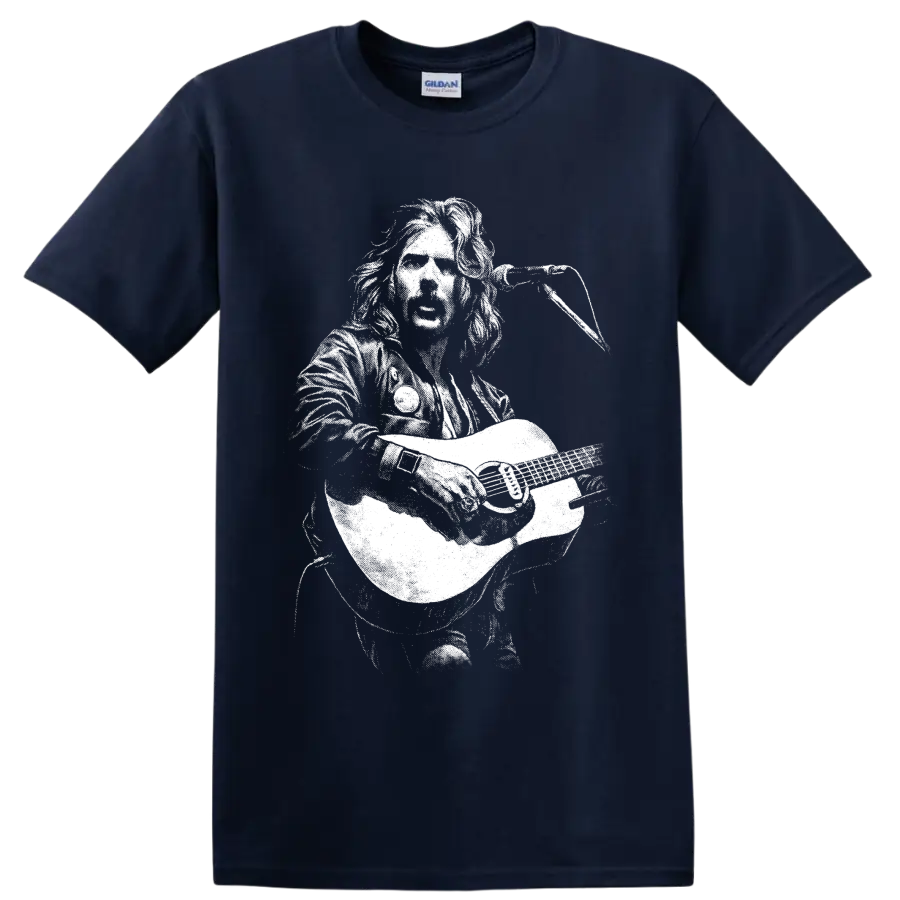 Glenn Frey guitarist portrait in high-contrast monochrome rock art on a Navy (Blue) T Shirt
