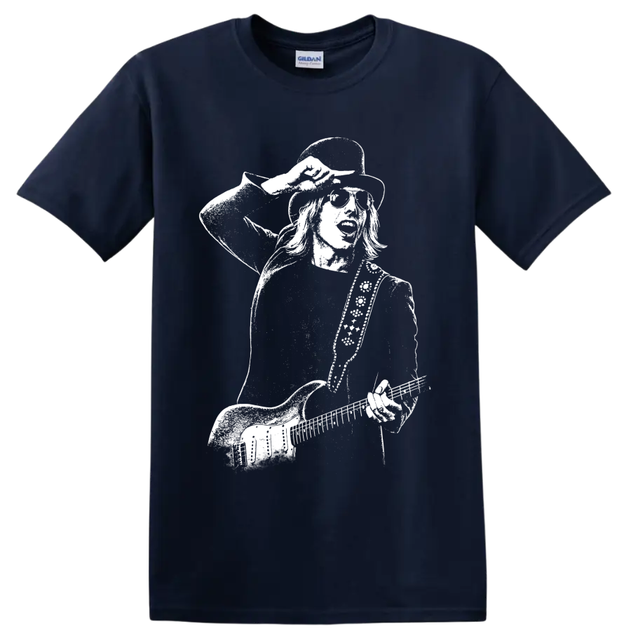 Tom Petty guitar portrait in high-contrast black-and-white vintage rock style on a Navy (Blue) T Shirt