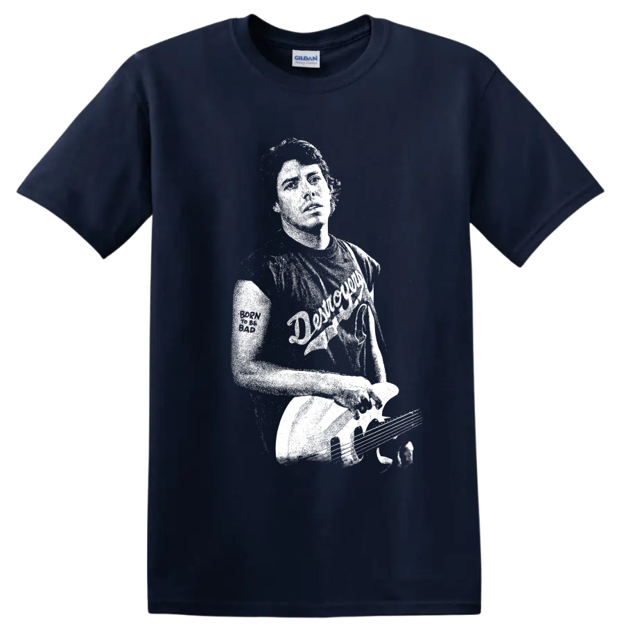 Distressed George Thorogood guitarist portrait in high-contrast rock poster style on a Navy (Blue) T Shirt