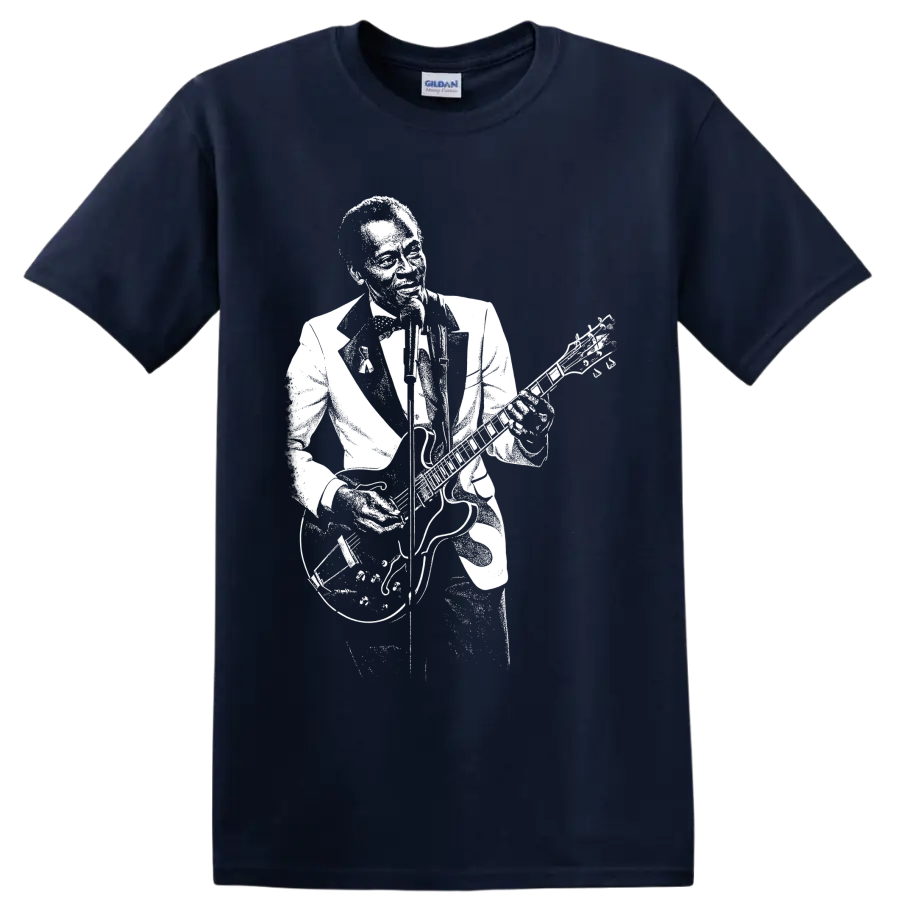 Chuck Berry playing guitar in a bold vintage-inspired white silhouette graphic on a Navy (Blue) T Shirt