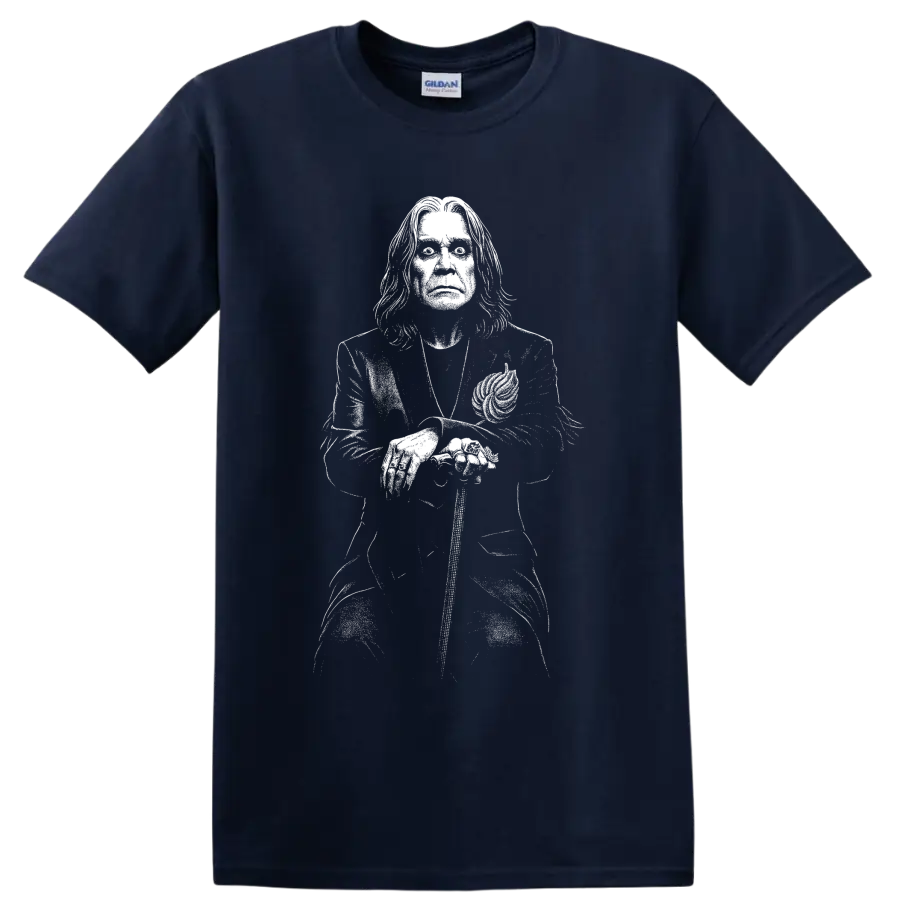 Ozzy Osbourne Black Sabbath inspired monochrome singer portrait illustration on a Navy (Blue) T Shirt