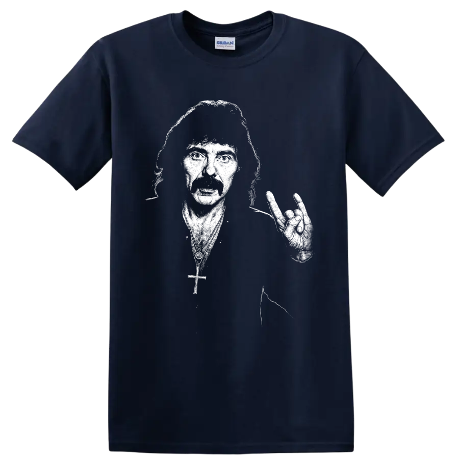 Tony Iommi Black Sabbath guitarist silhouette with electric guitar on a Navy (Blue) T Shirt