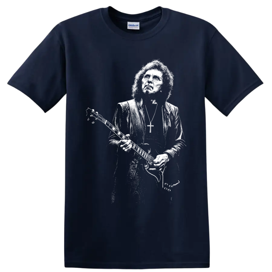 Tony Iommi holding guitar in bold monochrome Black Sabbath-inspired portrait art on a Navy (Blue) T Shirt