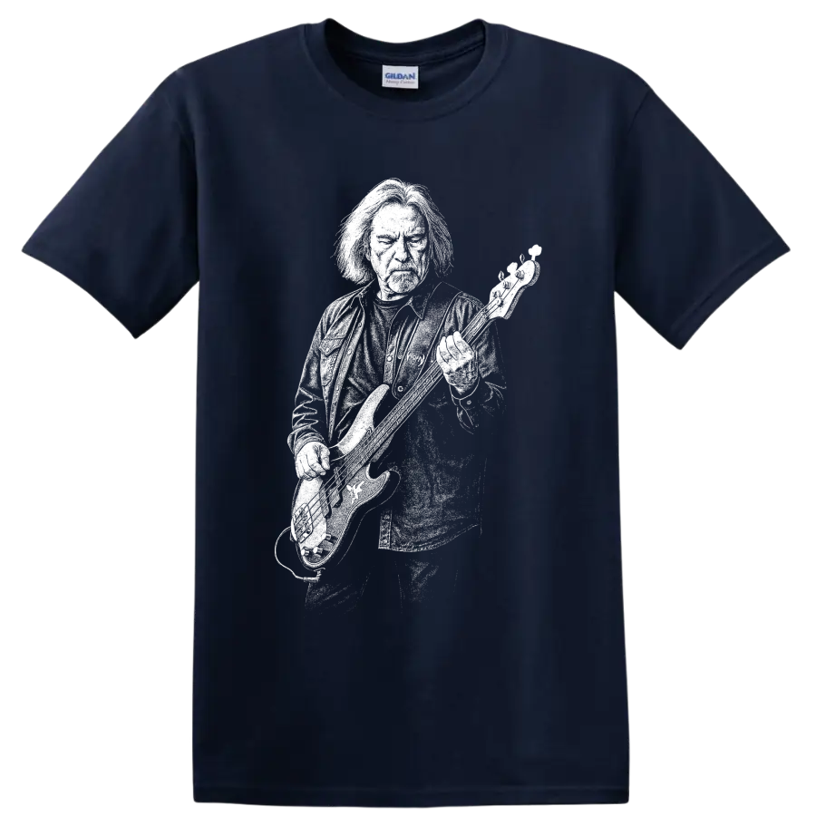 Monochrome Geezer Butler bass guitar performance silhouette graphic on a Navy (Blue) T Shirt