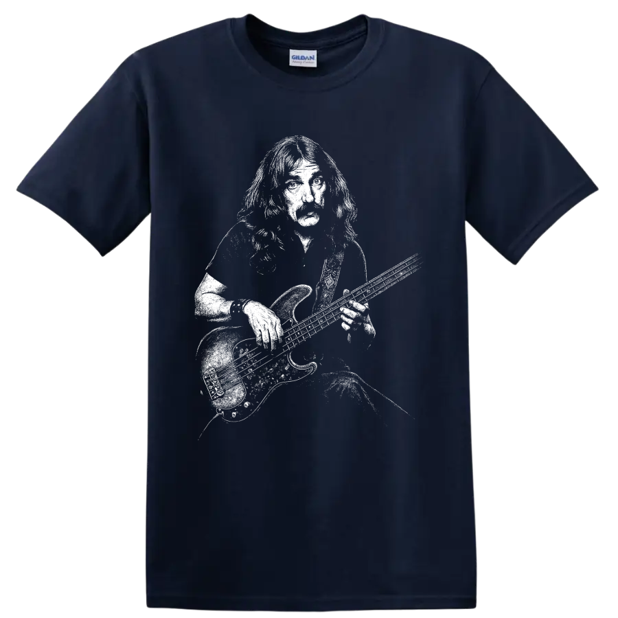 Geezer Butler Black Sabbath bassist portrait in bold black-and-white rock art on a Navy (Blue) T Shirt