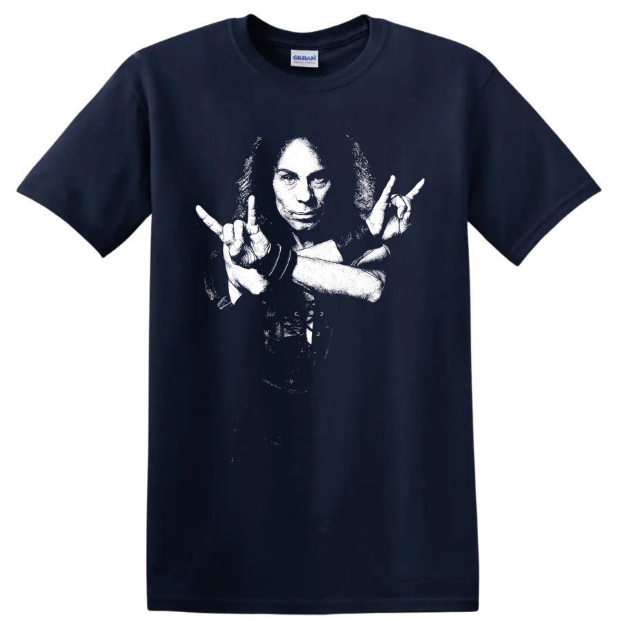 White high-contrast Ronnie James Dio fantasy-inspired heavy metal illustration on a Navy (Blue) T Shirt