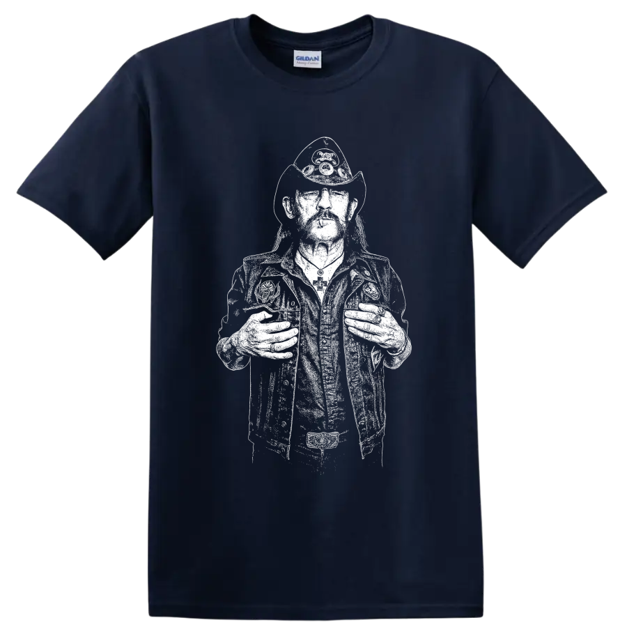 Monochrome Lemmy Kilmister portrait in a bold high-contrast graphic style on a Navy (Blue) T Shirt