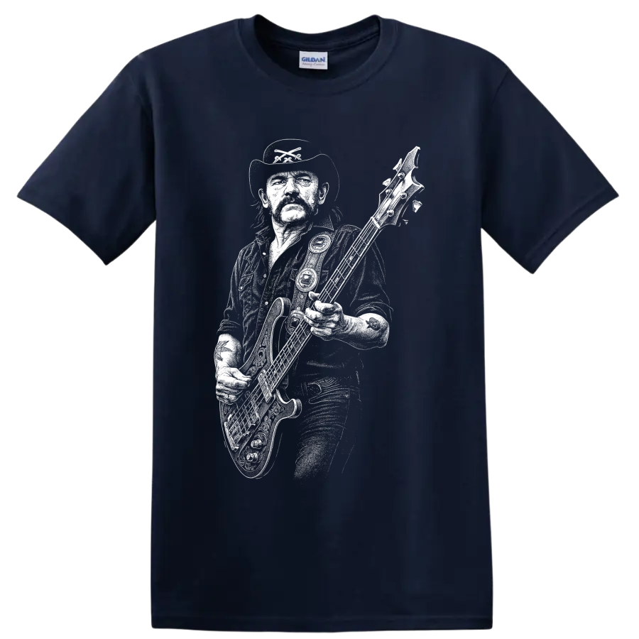 White Lemmy Kilmister silhouette with bass guitar and microphone rock tribute artwork on a Navy (Blue) T Shirt