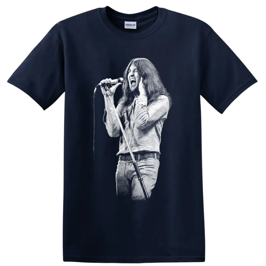 Ian Gillan singing into microphone in bold white silhouette rock portrait on a Navy (Blue) T Shirt