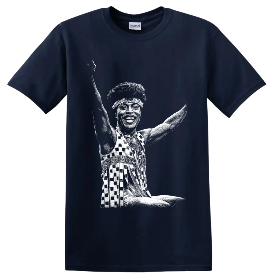 White Little Richard piano performance silhouette in bold high-contrast graphic style on a Navy (Blue) T Shirt