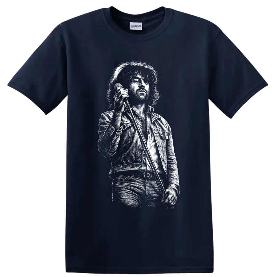 High-contrast Ian Gillan portrait in a monochrome classic rock illustration on a Navy (Blue) T Shirt