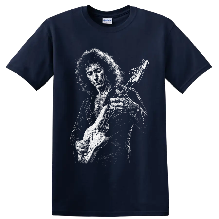 High-contrast Ritchie Blackmore guitarist portrait with electric guitar on a Navy (Blue) T Shirt