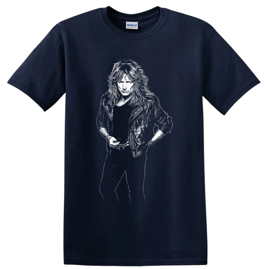 High-contrast monochrome portrait of David Coverdale performing on a Navy (Blue) T Shirt