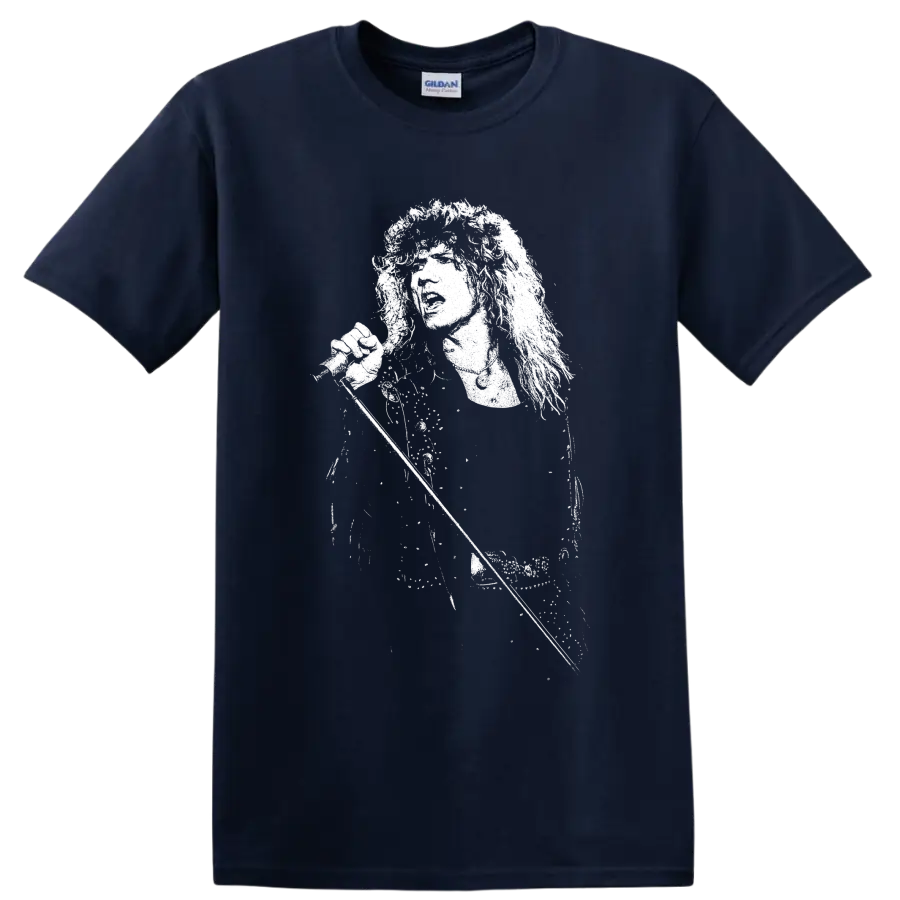 High-contrast David Coverdale portrait in a dramatic monochrome rock art style on a Navy (Blue) T Shirt