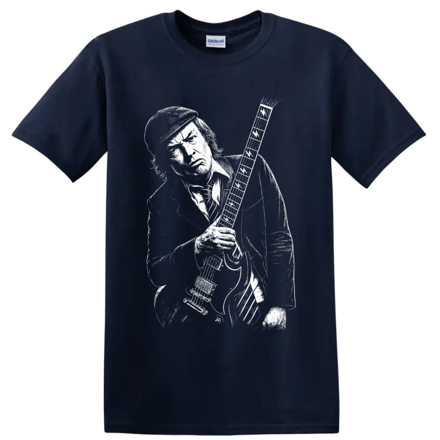 Angus Young AC/DC guitarist black-and-white portrait with electric guitar on a Navy (Blue) T Shirt