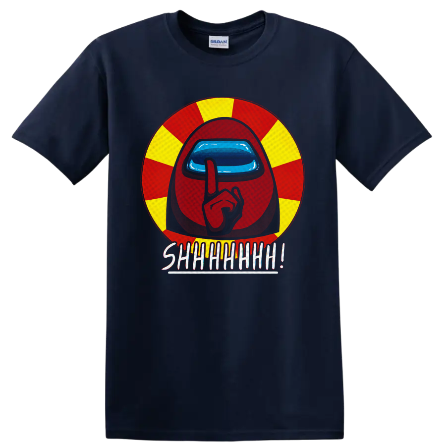 Among Us Red Crewmate shushing in red and yellow circle with SHHHHHH lettering on a Navy (Blue) T Shirt
