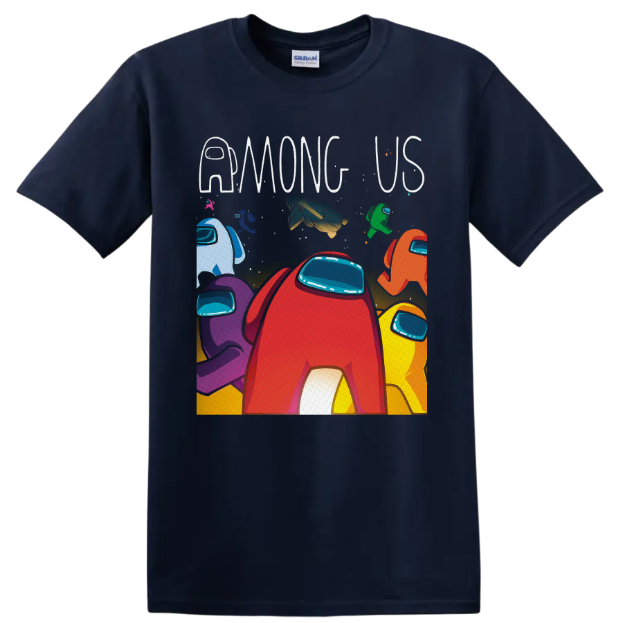 Colorful Among Us Crewmates graphic with red character, stars, spacecraft, and AMONG US on a Navy (Blue) T Shirt