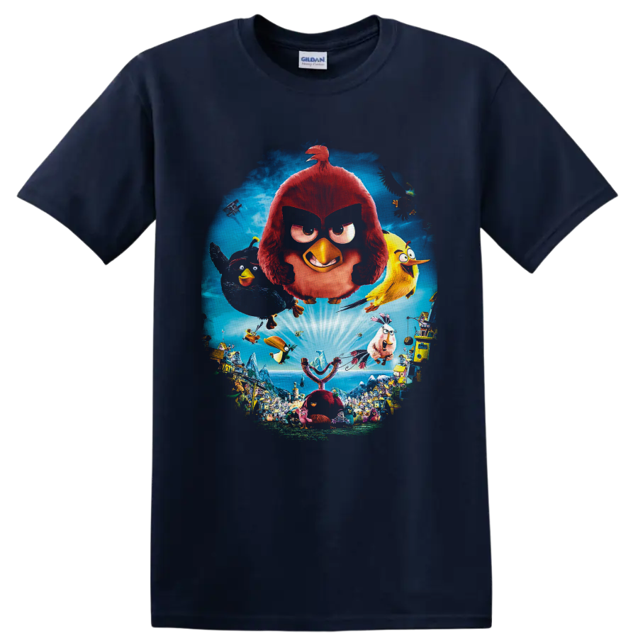 Angry Birds island adventure with flying birds, giant slingshot, and colorful village on a Navy (Blue) T Shirt