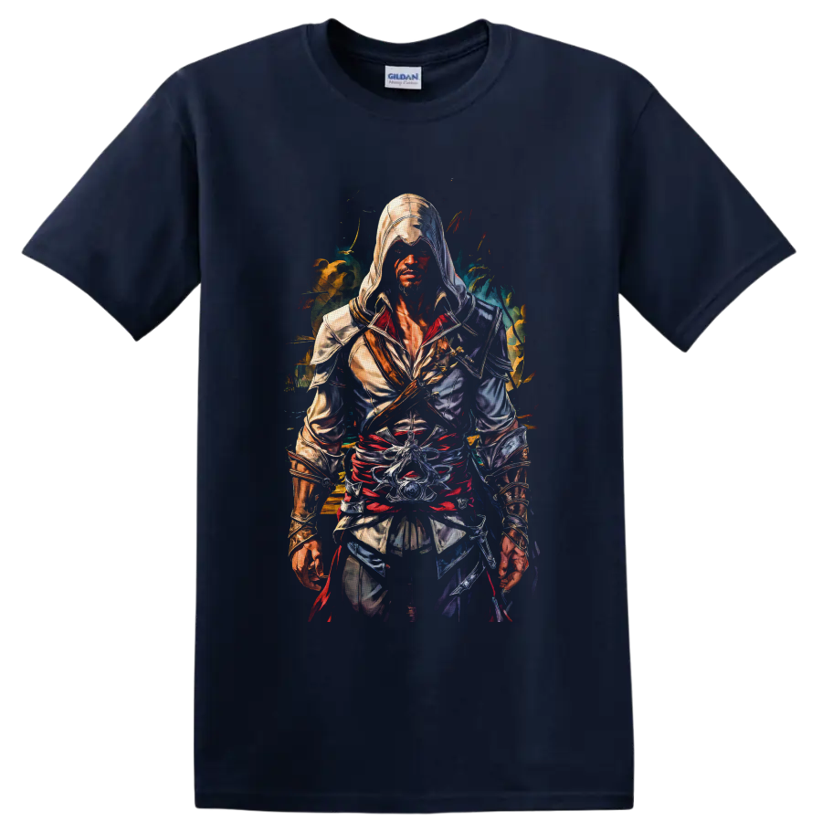 Bayek Assassin's Creed hooded warrior in vivid painterly action art on a Navy (Blue) T Shirt