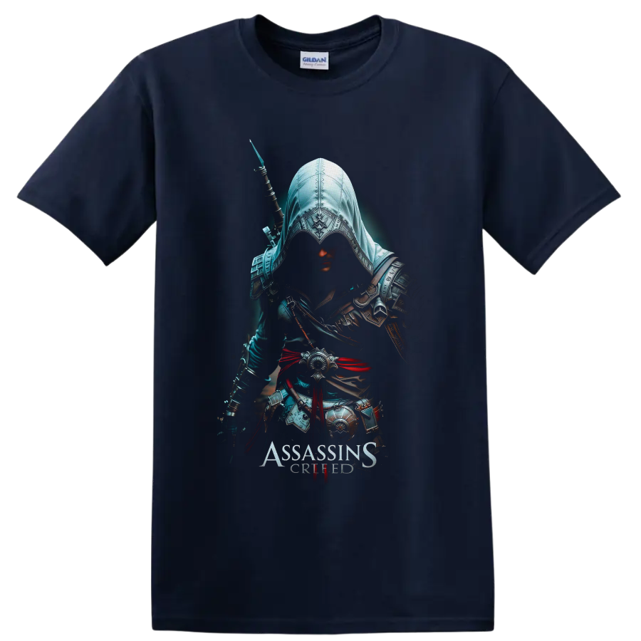 Assassin's Creed hooded Assassin warrior with ornate armor, sword, and red sash on a Navy (Blue) T Shirt