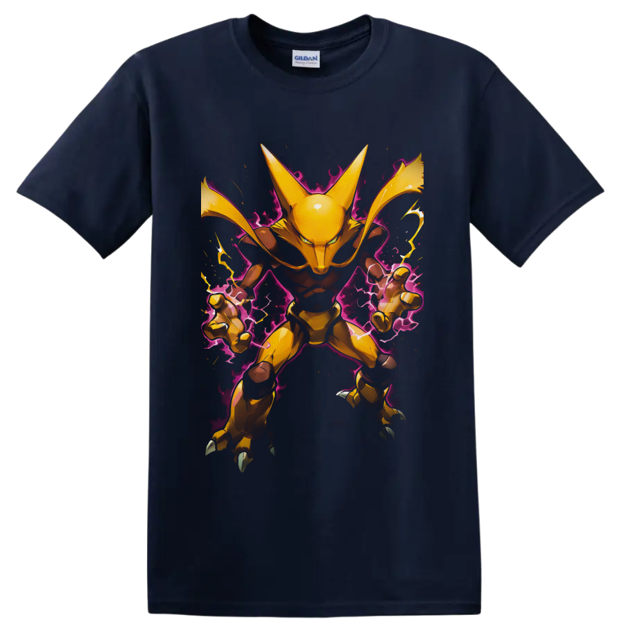 Alakazam in golden anime style with purple psychic energy and lightning on a Navy (Blue) T Shirt