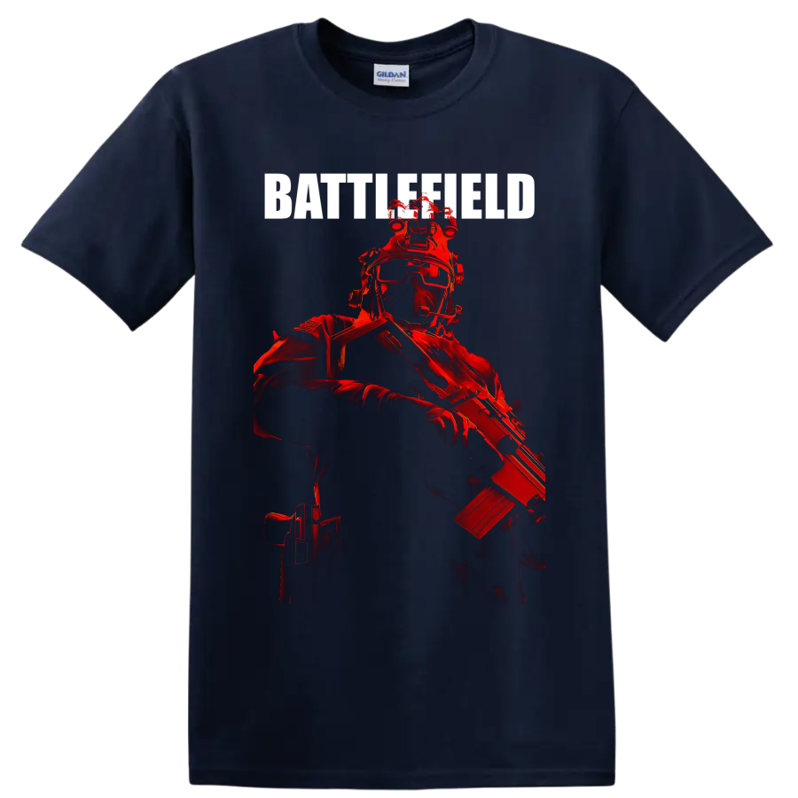 Red tactical Battlefield Soldier illustration with goggles, helmet gear, and rifle on a Navy (Blue) T Shirt