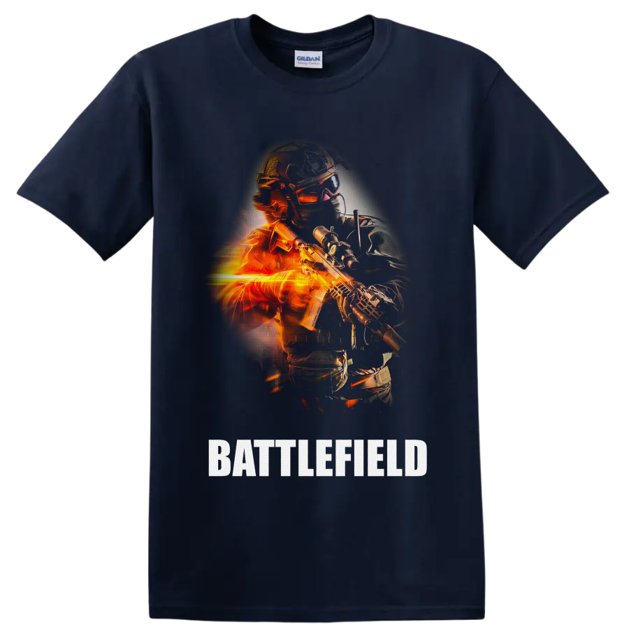 Battlefield Soldier with futuristic rifle, orange fire effects, and BATTLEFIELD text on a Navy (Blue) T Shirt