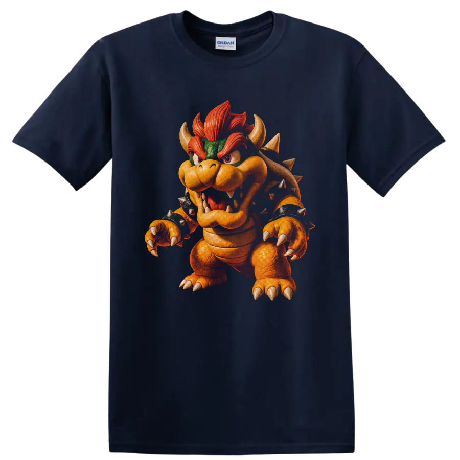 Bowser roaring with spiked shell, horns, claws, and fiery red hair character art on a Navy (Blue) T Shirt