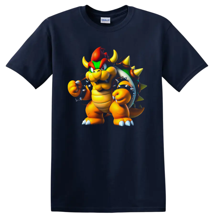 Bowser Super Mario cartoon character with green spiked shell and raised fist on a Navy (Blue) T Shirt