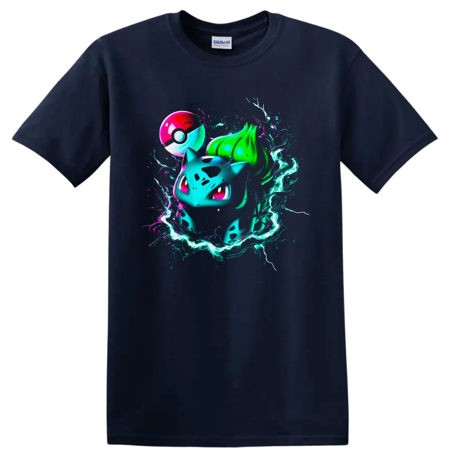 Neon Bulbasaur with glowing energy ribbons and a red-and-white orb on a Navy (Blue) T Shirt