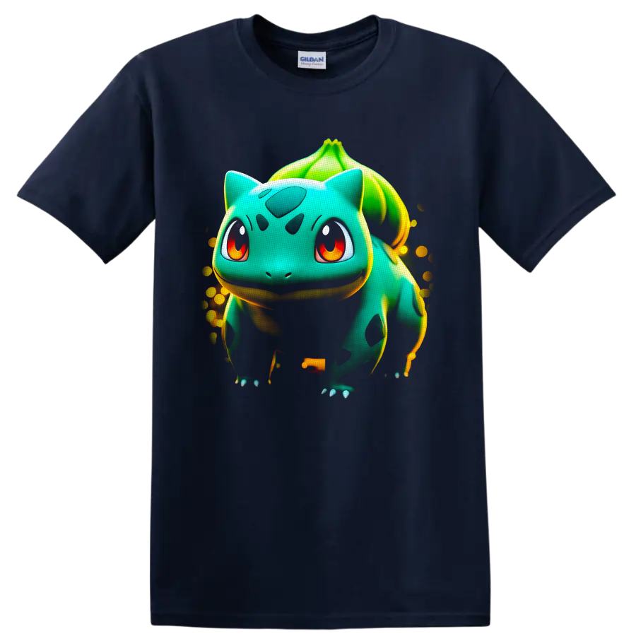 Bulbasaur Pokémon glowing seed creature portrait with leafy bulb and golden speckles on a Navy (Blue) T Shirt