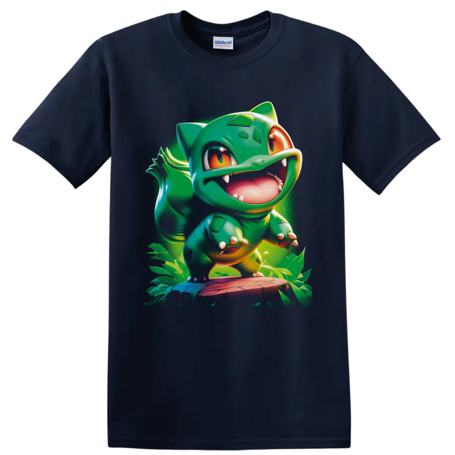 Bulbasaur Pokémon character in glossy jungle cartoon art with tropical leaves on a Navy (Blue) T Shirt