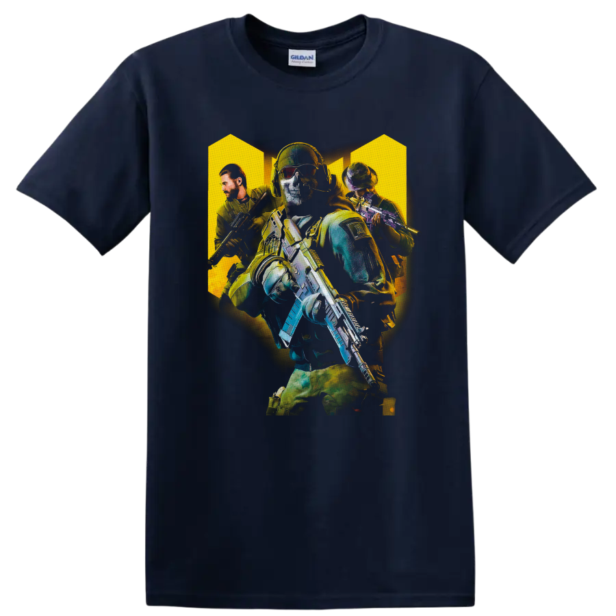 Call of Duty tactical soldiers graphic with skull-masked operator and armed squad on a Navy (Blue) T Shirt