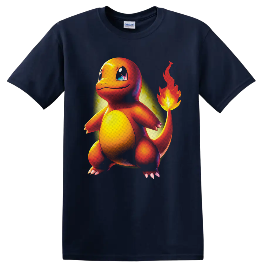 Charmander Pokémon character with glowing tail flame in vivid airbrushed artwork on a Navy (Blue) T Shirt
