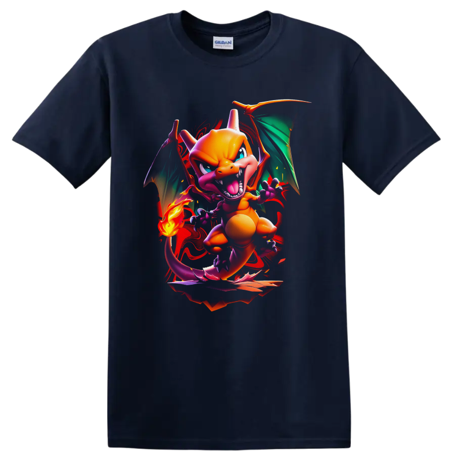 Charizard Pokémon neon fire dragon with teal wings, tail flame, and red paint splashes on a Navy (Blue) T Shirt