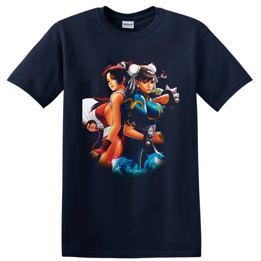 Chun-Li and Mai Shiranui anime-style fighting game duo with fan and energy effects on a Navy (Blue) T Shirt
