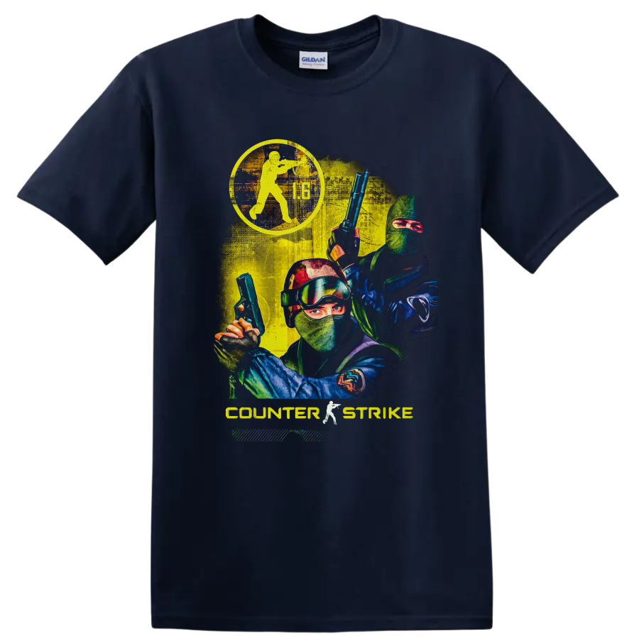 Counter-Strike 1.6 Counter-Terrorist operatives in distressed retro tactical action art on a Navy (Blue) T Shirt