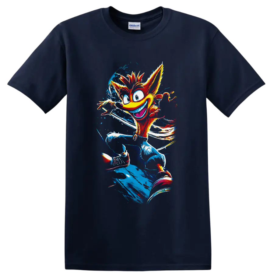 Crash Bandicoot running in colorful retro paint splatter illustration on a Navy (Blue) T Shirt