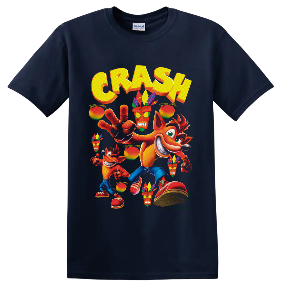 Crash Bandicoot with Aku Aku masks, tropical fruit, and bold yellow CRASH lettering on a Navy (Blue) T Shirt