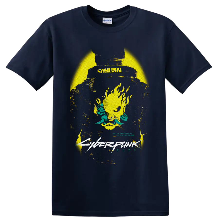 Cyberpunk 2077 Samurai flaming skull with teal flowers and distressed futuristic lettering on a Navy (Blue) T Shirt