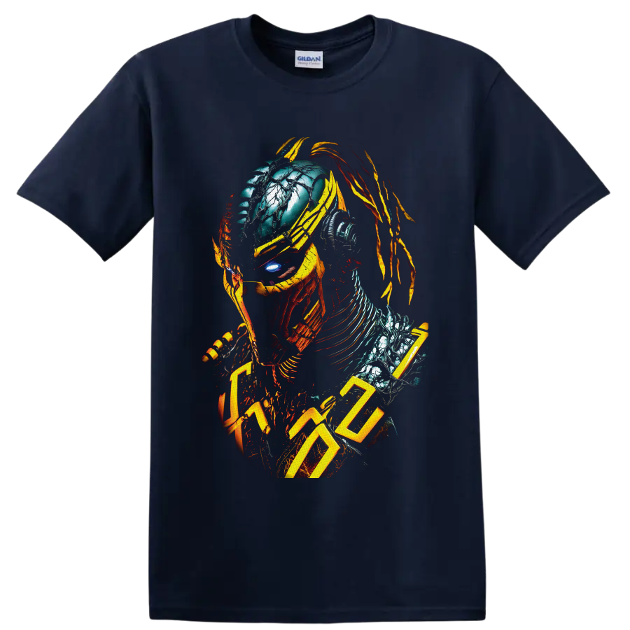 Cyrax Mortal Kombat cyber ninja portrait with yellow armor and mechanical details on a Navy (Blue) T Shirt